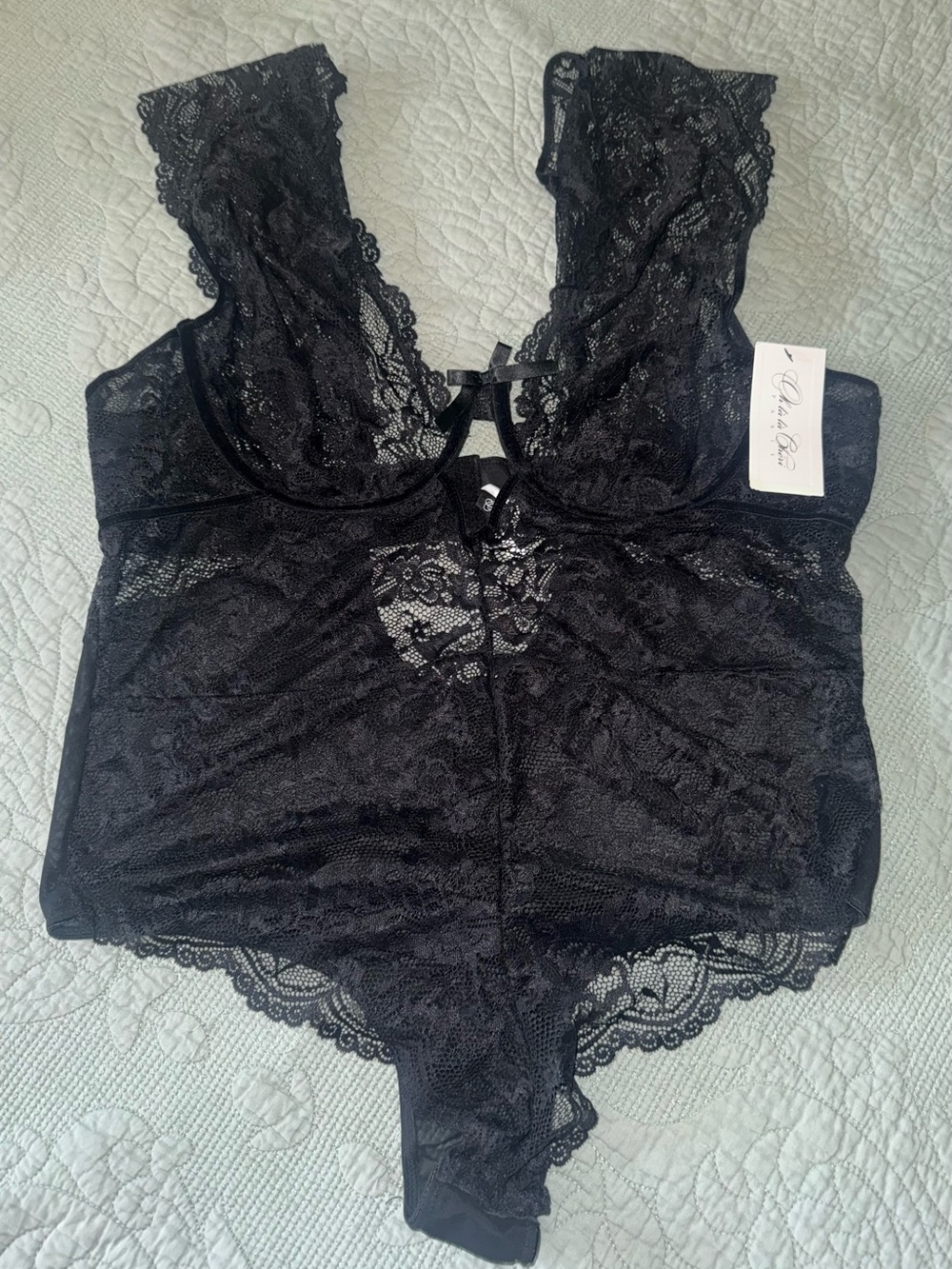 Sheer Black Lace Halter Teddy Bodysuit NWT - Picture 2 of 5